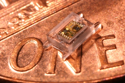 Designed for use in an implantable eye-pressure monitor, University of Michigan researchers
developed what is believed to be the first complete millimeter-scale computing system.
Credit: Gyouho Kim 