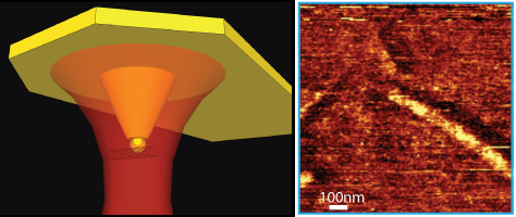 Schematic of coaxial probe for imaging a carbon nanotube (left) and chemical map of carbon nanotube with chemical and topographical information at each pixel (right).