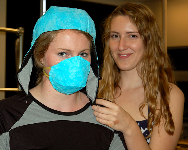 Allie Thielens '11 models the gas-absorbing hood and mask, designed by Jennifer Keane '11.