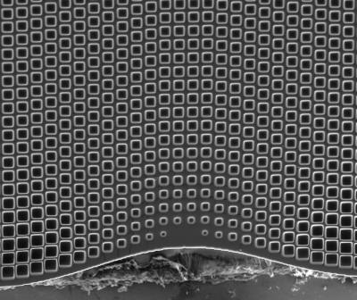 3-D Terahertz Cloak - Micrograph
Close-up micrograph of the bump region of the Terahertz cloaking structure. The size variations in the holes, which extend through the entire structure, is a key feature that guides the light around the bump, beneath which objects become invisible. The view is about 2 millimeters square.

Credit: Northwestern University/Ohio State University