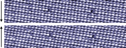 Successive AC mode topography images of the cleavage plane of a calcite crystal in water. The repeated point defects demonstrate the true atomic resolution capabilities of the Cypher AFM.  Arrows indicate scan direction.  Scan size 20nm; Z scale 3.2; Cantilever Amplitude 4; Cantilever Frequency 454 kHz.