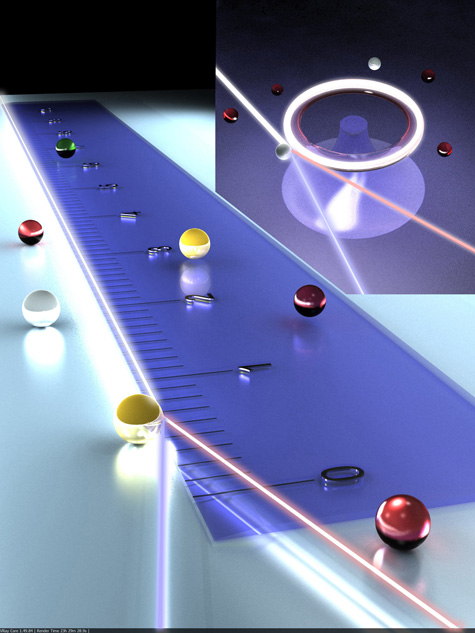 J. Zhu, L. He, S. K. Ozdemir, and L. Yang/WUSTL

Whispering-gallery microlasers can count and measure nano-scale synthetic or biological particles. As this conceptual illustration shows, a particle disturbs the lasing "mode" to split into two frequencies (shown here as two different colors) and the frequency split acts a ruler that allows the particle to be measured. The inset at the top right shows a particle landing on the microlaser (a torus supported by a pedestal). Lina He, a graduate student in electrical and systems engineering at Washington University in St. Louis, and her co-workers demonstrated that the microlasers can detect particles 10 nanometers in radius. Their resolution limit is about one nanometer.
