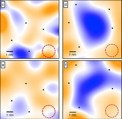 Simulations, left, of where theory predicts that "singularities" should appear in two small sections of a cuprate superconductor, and STM measurements, right, of where they actually appear.