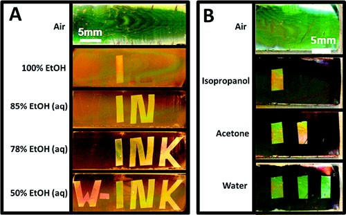 The "W-Ink" technology has only become possible due to a seamless fusion and interaction between chemistry, optics, condensed matter, and fluidics. (A) In the prototype device discussed in JACS, the chip appears blank in the air. When dipped in varying concentrations of ethanol, however, it reveals new markings. (B) Because all liquids exhibit a surface tension, this indicator has the potential to be used to differentiate between liquids of any type. (Image courtesy of Ian Burgess.)