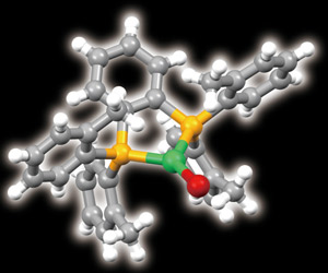 Figure 1: The molecular structure of the bulky organic ligand that turns copper (green) into an efficient light emitter (yellow, phosphorus; red, bromine).

 2011 Masahisa Osawa