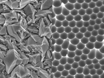Layers of zinc oxide seen through an electron microscope. On the left: natural pyramid structure; on the right: structure when grown on a mould (height of images: 5 microns).  PV-LAB, EPFL/SNSF Copies or offprints must include the authors name and may not be used for commercial purposes