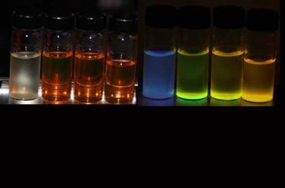 When ultraviolet light is applied to nanocrystals in the vials on the left, the size of the nanocrystals change and emit different, more colorful light. These nanocrystals are investigated for their use in high performance solar cells.