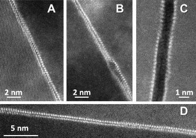 STEM HAADF micrographs show 2 layers of Bi absorbed along the general GBs of a Ni polycrystal quenched from 700C. (C) Weakly bonded Bi atoms could cause the boundaries to easily fracture between layers and thus embrittle the material. Presumably, decohesion of this GB occurred during TEM specimen preparation. (D) A bilayer interfacial phase of similar character was observed in specimens quenched from 1100C.

Credit: Martin Harmer, Lehigh University