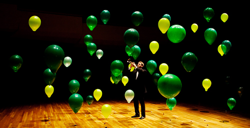 Photo by
L. Brian Stauffer

An illustration of Anderson localization. The green balloons represent disordered barriers that localize the sound of the trumpet at its source.