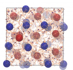 Image courtesy of Chris Knorowski/Iowa State University/Ames Laboratory

This image shows a crystal of nanoparticles (the red and blue spheres) held together by DNA strands (the orange lines) via the hybridization of complementary sequences (the blue and red rings). 
