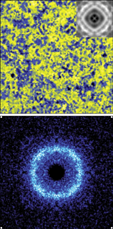 Top: Visualization of nanoscale disruptions in electron interactions in a Kondo-hole doped heavy-fermion compound. The black-and-white inset shows directly how oscillations in electron behavior are centered on the Thorium impurities, "rippling" outward like disturbances caused by drops of water on a still pond. The rippling oscillations in electron energy are shown in more detail in the close-up view (bottom), where the bands of different shades of blue represent the distance between the ripples.
