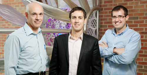 Photo by L. Brian Stauffer

Professors Joseph Lyding, left, and Eric Pop, center, and graduate student Josh Wood identified copper crystal structures that work best for growing high-quality graphene.