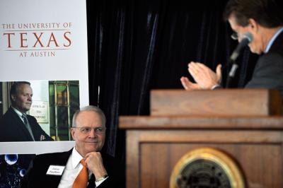 Larry Faulkner, former university president, listens as current President Bill Powers applauds him at the dedication ceremony for the Larry R. Faulkner Nanoscience and Technology Building on Thursday evening.

Photo credit: Elisabeth Dillon | Daily Texan Staff