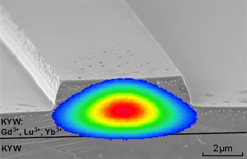Electron microscope image of a waveguide structure, superimposed with a measured intensity profile of the light trapped within it.