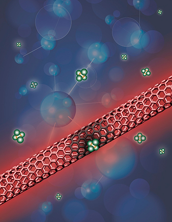 Artist's concept of nanotubes on the liquid surface.
Image from Los Alamos National Laboratory