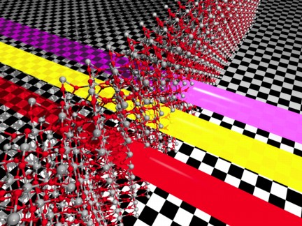 Three beams of light (red for infrared, yellow for visible light, and violet for ultraviolet) travel through a layer of SnO2. Absorption by the conduction electrons in the oxide reduces the intensity of the beams. Credit: Hartwin Peelaers, UCSB
