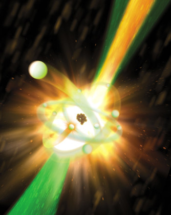A powerful X-ray laser pulse from SLAC National Accelerator Laboratory's Linac Coherent Light Source comes up from the lower-left corner  (green) and hits a neon atom (center). 
Illustration by Gregory M. Stewart/SLAC