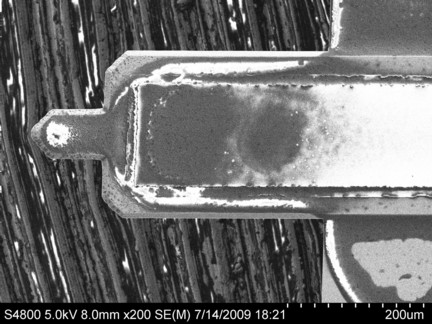 Researchers have learned how to improve the performance of sensors that use tiny vibrating "microcantilevers," like the one pictured here, to detect chemical and biological agents for applications from national security to food processing. (Vijay Kumar, Birck Nanotechnology Center, Purdue University)