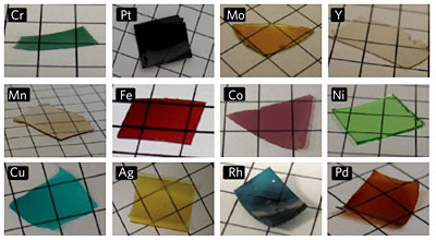 Wiesner Lab
Samples of self-assembled metal-containing films made by the new sol-gel process. The films are essentially glass in which metal atoms are suspended, which imparts the color., Grid lines are 5 mm apart.