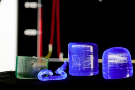 Examples of scintillators that were produced from molten glass by the researchers. The wormlike blue structure is an artifact from the glass-molding process. (Credit: Gary Meek)