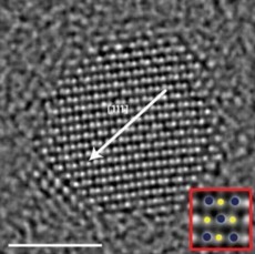 Atomic-resolution images of germanium telluride nanoparticles from Berkeley Labs TEAM I electron microscope.