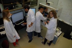 The NanoWizard has many users in the Amrein group. Here we see four of Professor Amrein's students: Fay (lipid sorting), Nawaf (lung epithelium-nano particles), Eek (lipid reservoir), Morgan (lung epithelium-nano particles).
