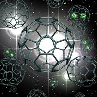 An artists representation of fullerene cage growth via carbon absorption from surrounding hot gases. Some of the cages contain lanthanum metal atoms. (Image courtesy National Science Foundation)