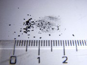 Multi-walled carbon nanotubes. 3-15 walls, mean inner diameter 4nm, mean outer diameter 13-16 nm, length 1-10+ micrometers. Black clumpy powder, grains shown, partially smeared on paper. Scale in centimeters. 