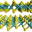  Diagram shows the flat-sheet structure of the material used by the MIT team, molybdenum disulfide. Molybdenum atoms are shown in teal, and sulfur atoms in yellow.
Image courtesy of Wang et al. 