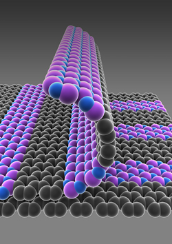 Provided/Jiwoong Park
Schematic illustration of single-atom-thick films with patterned regions of conducting graphene (gray) and insulating boron nitride (purple-blue).