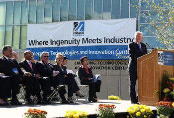 UMass Lowell opened its $80 million Emerging Technologies and Innovation Center on Thursday, Oct. 11, in a ceremony that included Gov. Deval Patrick, UMass Lowell Chancellor Marty Meehan, members of the Statehouse delegation, students, faculty, staff, alumni and industry leaders. Meghan Moore photo