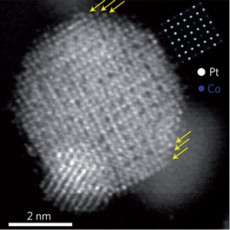 Provided
Electron microscope image of a platinum-cobalt alloy nanoparticle, showing the arrangement of the metal atoms into an ordered lattice. A smaller particle overlaps the large one at the bottom. Yellow arrows indicate the three layers of platinum atoms on the surface.