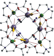 1) An experimental structure of a transition metal cluster based on the elements of chromium (Cr) and dysprosium (Dy). Its unpaired electrons lead to special magnetic properties (yellow arrows) that allow for its use as single molecule magnet.
Source: CFN, Professor Annie Powell, research project C 1.2 Synthesis and Characterization of New Nano-Scale Aggregates Displaying Cooperative Magnetic Coupling*