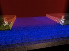 This illustration shows an array of parallel carbon nanotubes 300 micrometers long that are attached to electrodes and display unique qualities as a photodetector, according to researchers at Rice University and Sandia National Laboratories. (Credit: Sandia National Laboratories)