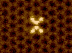 Oak Ridge National Laboratory researchers used electron microscopy to document the 'dancing' motions of silicon atoms, pictured in white, in a graphene sheet.