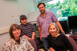 The team of researchers studying the effects of gold nanoparticles on the body, pictured from left to right (sitting) Marcia Simon, Tatsiana Mironava, (standing) Miriam Rafailovich and Michael Hadjiargyrou.