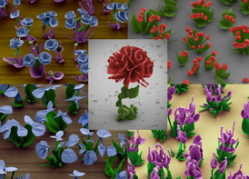 These false-color SEM images reveal microscopic flower structures created by manipulating a chemical gradient to control crystalline self-assembly.Image courtesy of Wim L. Noorduin