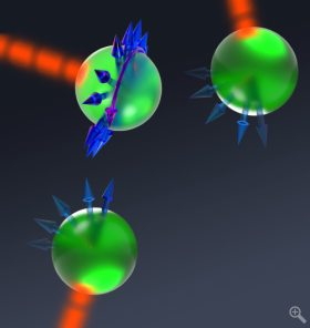 This artists rendering shows all-optical control of an individual electronic spin within a diamond. This spin is associated with a naturally occurring defect in diamond known as the nitrogen-vacancy center, a promising quantum bit (qubit) for quantum information processing. The University of Chicagos David Awschalom and his associates have developed techniques to initialize, manipulate, and read out the electronic spin of this qubit using only pulses of light.
Illustration by Peter Allen