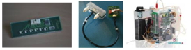 Left, the electrochemical platform without the fluidic part; middle, the complete electrochemical platform and the electronic board; right, the artificial kidney developed by the consortium.