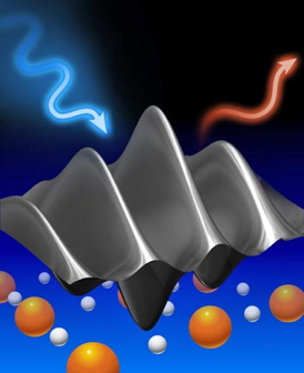 In this rendering, never-before-seen magnetic excitations ripple through a high-temperature superconductor, revealed for the first time by the Resonant Inelastic X-ray Scattering technique. By measuring the precise energy change of beams of incident x-rays (blue arrow) as they struck these quantum ripples and bounced off (red arrow), scientists discovered excitations present throughout the entire LSCO phase diagram.