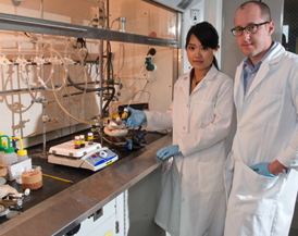 Associate Professor Mathew M. Maye, right, with research assistant Wenjie Wu G11, G13