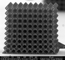 Three-dimensional, hollow titanium nitride nanotruss with tessellated octahedral geometry. Each unit cell is on the order of 10 microns, each strut length within the unit cell is about three to five microns, the diameter of each strut is less than one micron, and the thickness of titanium nitride is roughly 75 nanometers.
Credit: Dongchan Jang and Lucas Meza