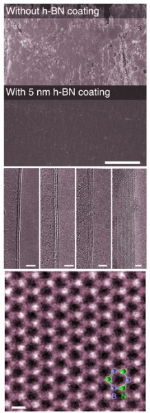 Rice University researchers have discovered that sheets of hexagonal boron nitride (h-BN) as little as one atom thick can protect metals in harsh environments at up to 1,100 degrees Celsius. The top image shows uncoated nickel oxidized after exposure to high temperature in an oxygen-rich environment. The second shows nickel exposed to the same conditions with a 5-nanometer coat of h-BN. The third shows electron microscope images of two, three, four and many-layer h-BN films. The bottom image of an h-BN sheet shows the hexagonal arrangement of nitrogen (bright) and boron atoms. Images by Zheng Liu