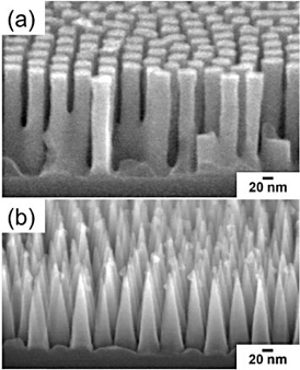 Side view scanning electron microscope image of a silicon surface textured with (a) cylindrical pillars and (b) nanocones.