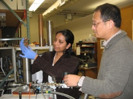 Pooja Puneet, Ph.D., the lead author on the article published in Scientific Reports and Prof. Jian He discuss their custom-made resistivity and Seebeck measurement system which is located in Prof. Terry Tritts complex advanced material laboratory.