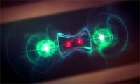 This is an artist's impression of the experiment. Four ions are trapped on a line. The outer Magnesium ions (green) cools the system by emitting light. Lasers are used to prepare the inner Beryllium ions (red) in an entangled state where one can not understand the state of the particles individually but have to consider the two ions as a whole. As opposed to previous experiments also the latter process happens by the emission of light.

Credit NIST
