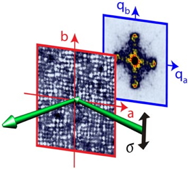 The researchers combined atomic-scale microscopy (front image) and a new sensitive x-ray scattering technique (rear image) to visualize the structure of the charge-order state in copper oxide and its relationship with superconductivity. The image shows that the two techniques reveal unique yet complementary images of the same charge-order state, thereby demonstrating its existence in copper oxide. The junction where the charge-order and superconducting states coexist could help scientists further develop and control superconductivityImage courtesy of Ali Yazdani, Princeton University Department of Physics
