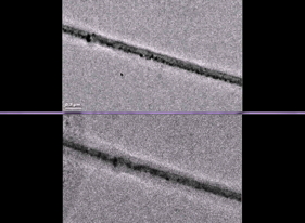Liquid battery electrolytes makes this view of an uncharged electrode (top) and a charged electrode (bottom) a bit fuzzy.
Image courtesy of Gu et al, Nano Letters 2013