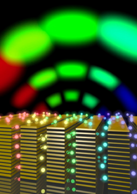 Electrical engineers at UC San Diego have demonstrated that artificial materials can significantly improve the speed of optical communications. The team showed that an artificial metamaterial can increase the light density and blink speed of a flourescent light-emitting dye molecule. Image credit: Liu Research Group/UC San Diego
