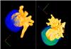 Two examples of nanostars with one silicon oxide face (bluish) and another with golden branches (yellow).Credit: Liz-Marzn et al.